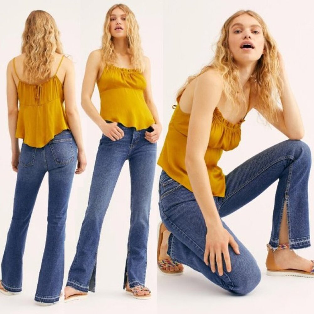 FREE PEOPLE We The Free Emmy High Waist Bootcut Jean Slit Frayed Hem Blue 25 $98